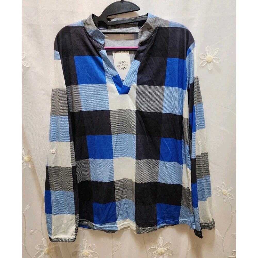 LA MODE WOMEN 2X BLUE PLAID NEW BLOUSE CHECKERED NAUTICAL WORK SHEER OFFICE FARM